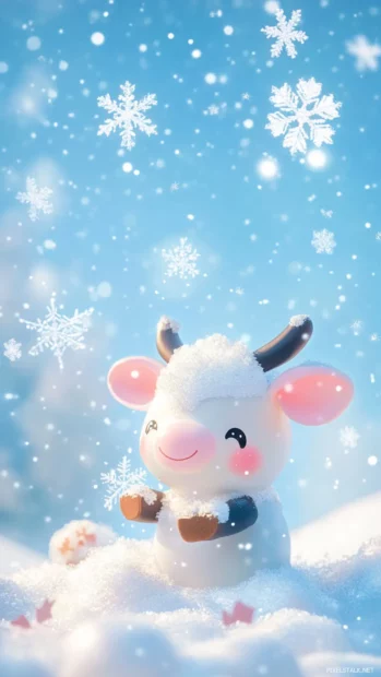 Kawaii Cow building a snowcow with sparkly snowflakes.