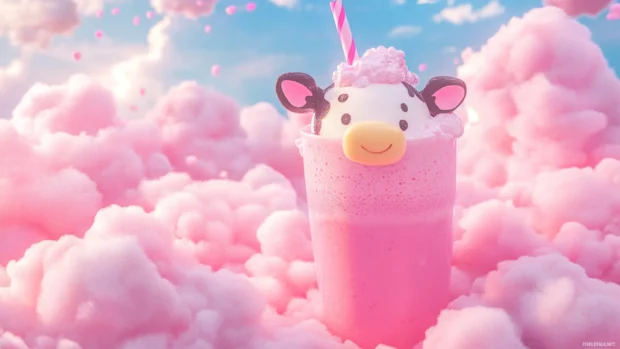 Kawaii Cow enjoying a pink smoothie under cotton candy clouds.