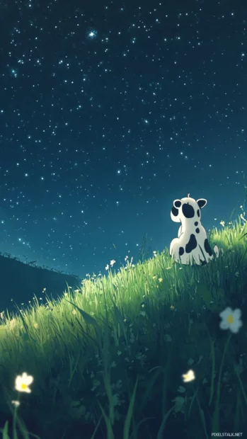 Kawaii Cow gazing at stars from a grassy hilltop.