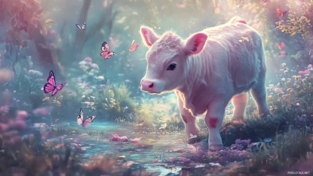 Kawaii Cow playing with butterflies in a pastel fantasy forest.