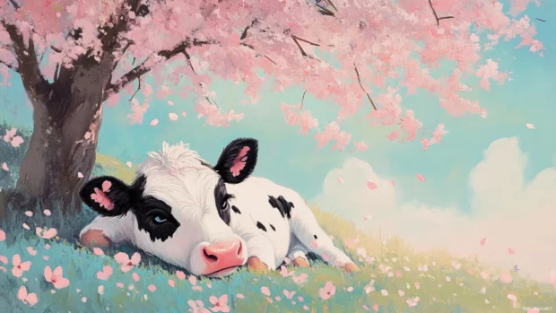 Kawaii Cow resting under a sakura tree in spring pastel landscape.