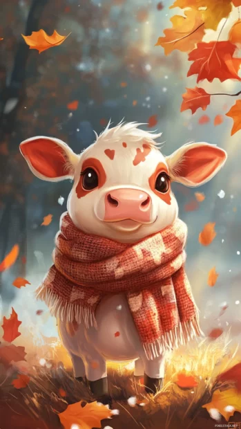 Kawaii Cow wrapped in a scarf with falling leaves in a cozy scene.