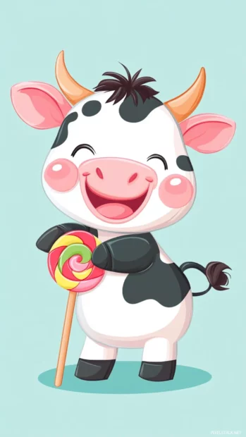 Kawaii Cute Cow Wallpaper where the cow holds a lollipop and smiles.