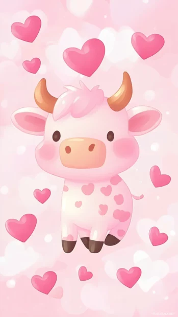 Kawaii Pink Cow playing hopscotch on floating hearts.
