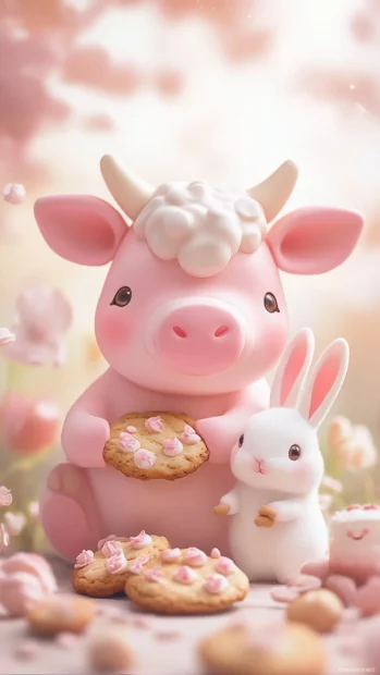 Kawaii Pink Cow sharing cookies with a bunny friend.
