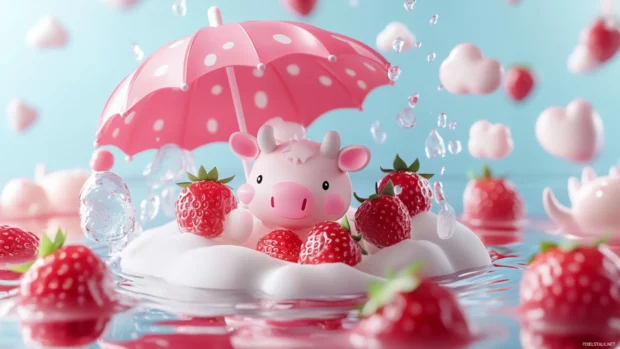 Kawaii Pink Cow under a floating umbrella with strawberries.