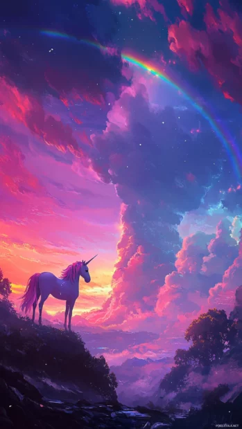 Kawaii Unicorn Wallpaper Aesthetic showing a unicorn painting the sky with rainbows.