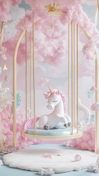 Kawaii Unicorn wallpaper for girls showing unicorn playing on pastel swing set.