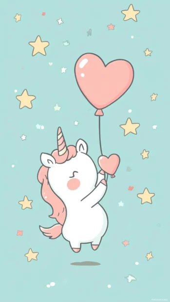 Kawaii Unicorn wallpaper for girls with a unicorn holding a heart balloon under pastel stars.