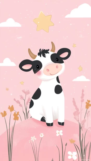Kawaii cow with starry eyes sitting on a pink hill.
