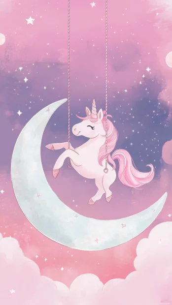 Kawaii pastel unicorn lockscreen featuring a unicorn riding a moon swing.