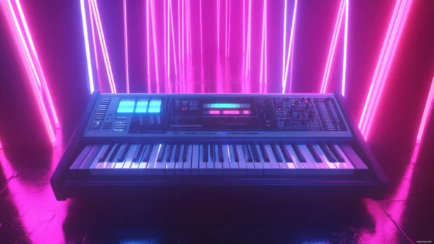 Keyboard synthesizer surrounded by glowing ambient lighting.
