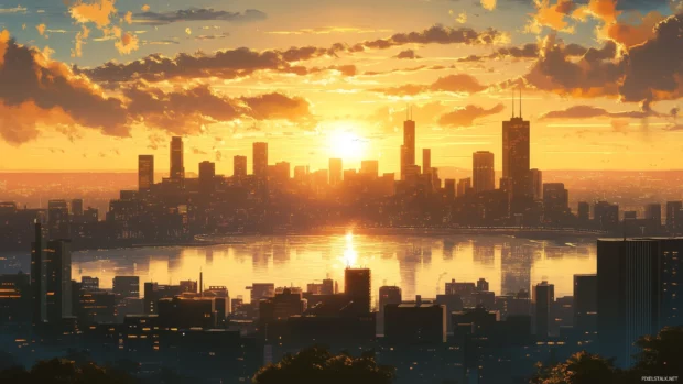 Lake Michigan reflects colors of sunrise, stunning Chicago skyline with buildings in warm golden light.