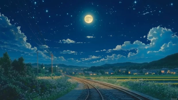 Landscape under soft glow of full moon in majestic Anime sky at night, twinkling stars.