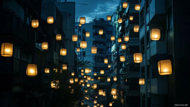Lanterns float above alleys tucked in Tokyo Cityscape corners.