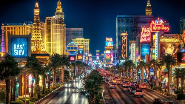 Las Vegas cityscape at night, showcasing dazzling lights and famous casinos.