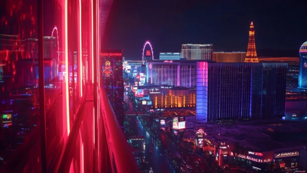Las Vegas from a high vantage point, capturing the expansive city lights and the contrast between the neon and the dark sky.