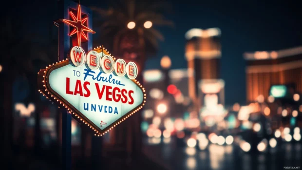 Las Vegas night with Welcome sign and bright lights.