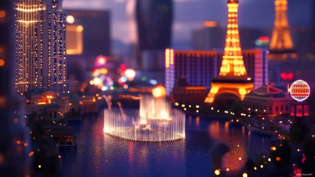 Las Vegas skyline with Bellagio fountains and lights.