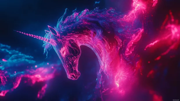 Laser lit mane and tail on a unicorn in this Electric unicorn wallpaper aesthetic.
