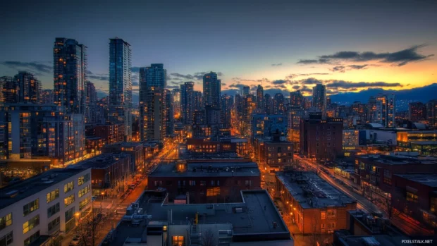 Late evening view in city nights wallpaper for PC from rooftop perspective.