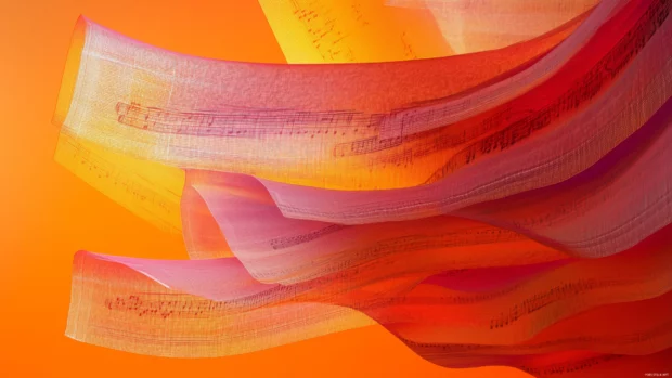 Layers of translucent sheet music abstract composition floating against gradient background depth and movement evoking beauty of music.