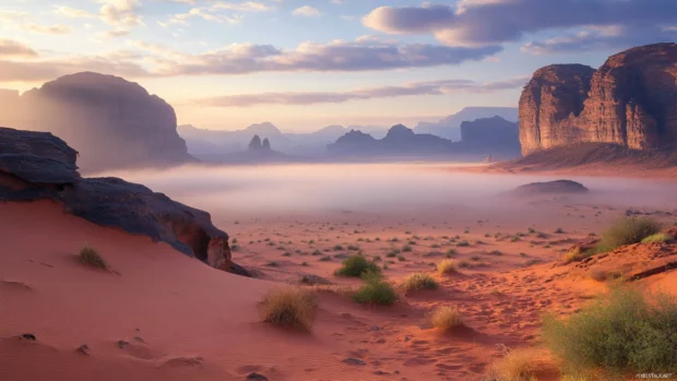 Light fog settles in low valleys of the sunlit desert.