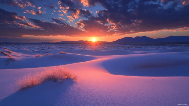 Light pierces through dunes in this Sunrise Wallpaper in Desert.