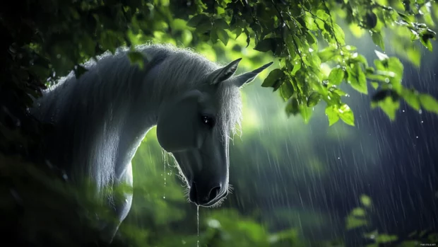 Light rain drips from leaves as the unicorn finds shelter.