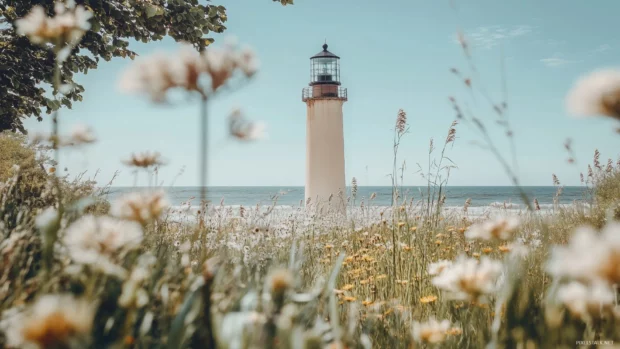 Lighthouse amid wildflowers with ocean in the distance and blue sky.