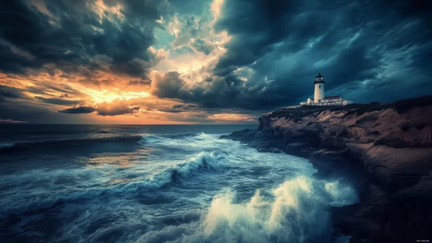 Lighthouse perched high on a rocky cliff, with waves crashing and clouds parting.