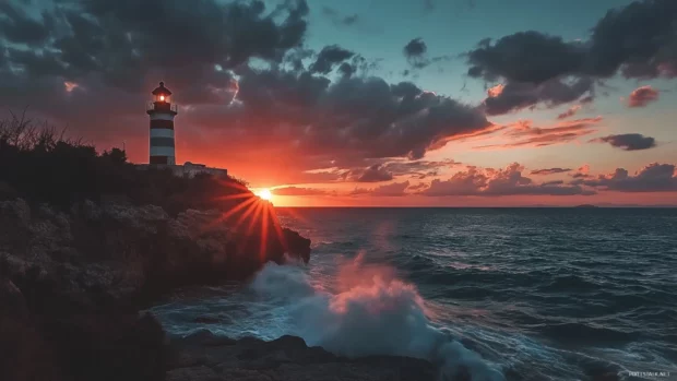 Lighthouse sunset view with crashing waves and a rocky coastline.