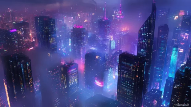 Lights flicker across tall towers in the City Night.
