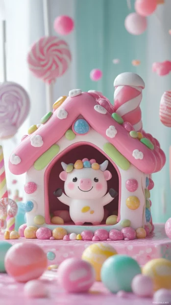 Little Kawaii Cow waving from inside a candy house with jellybean roof.