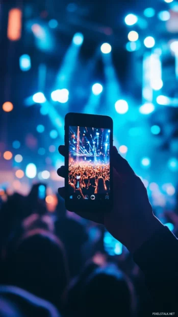Live concert wallpaper for iPhone, Silhouetted crowd dancing under flashing stage lights.