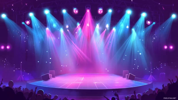 Live concert with stage lights and dancing fans.