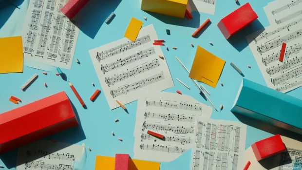 Lively overhead view multiple sheets of music creative pattern scattered pencil marks and erasers showcasing process of composition.