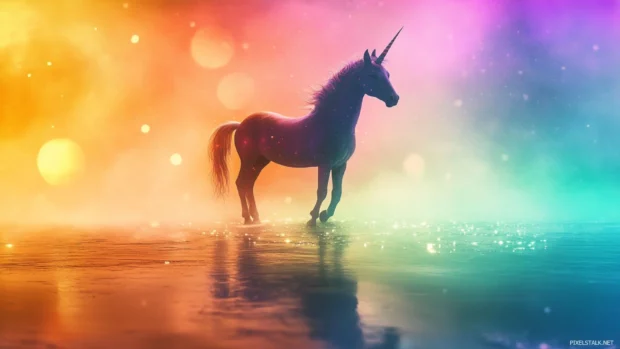 Lone Unicorn appears through rainbow light fractures.