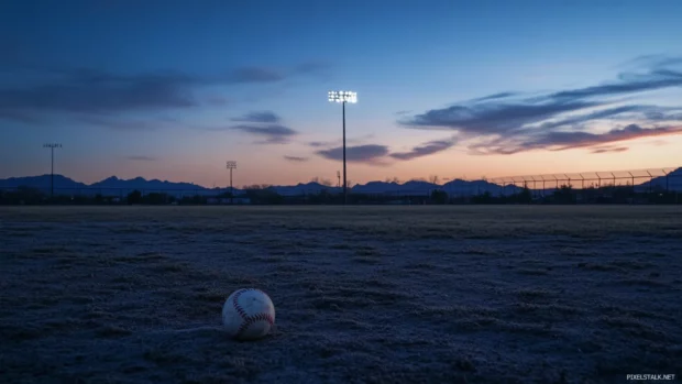 Lone baseball left in infield at dusk.