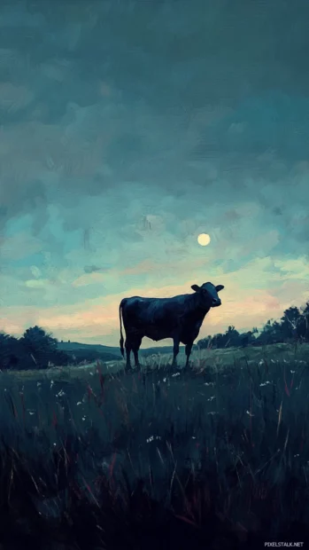 Lone cow gazing toward horizon during twilight.