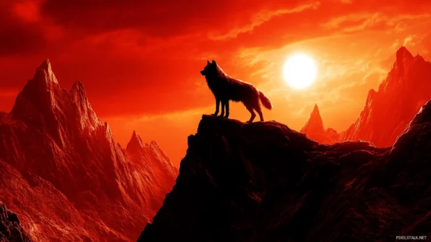 Lone wolf stands still on rocky summit as red sky burns behind.