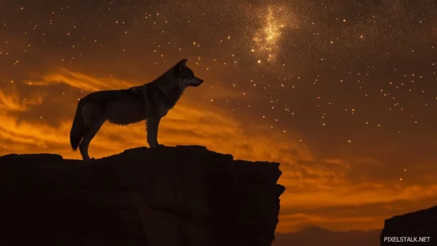 Lone wolf wallpaper depicting a single wolf on a cliff silhouetted against a galaxy sky.