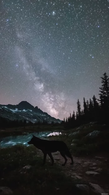 Lone wolf wallpaper featuring a glowing silhouette walking along a mountain trail in the stars.