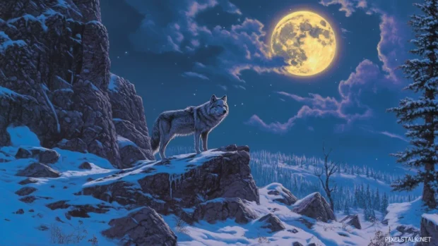 Lone wolf wallpaper showing a grey wolf standing alone under a full moon on a snowy mountain.