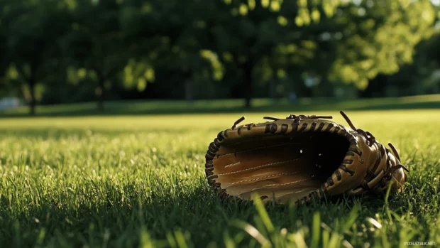 Lonely baseball glove beside outfield grass line.