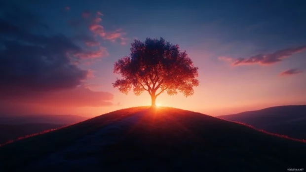 Lonely tree on a hill catching the first light of dawn.