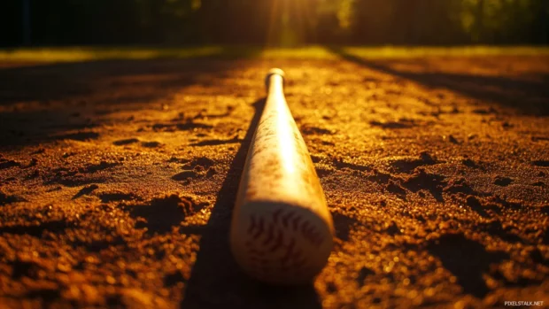 Long shadow of a baseball bat stretching across the base line at sunset with details reflecting Baseball bat under sunlight wallpaper.
