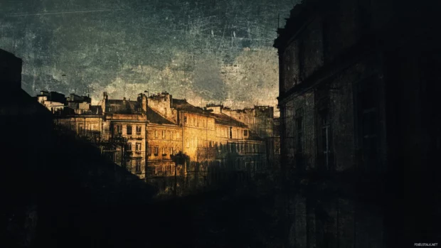 Long shadows dance across the facades of the dark city at dusk.