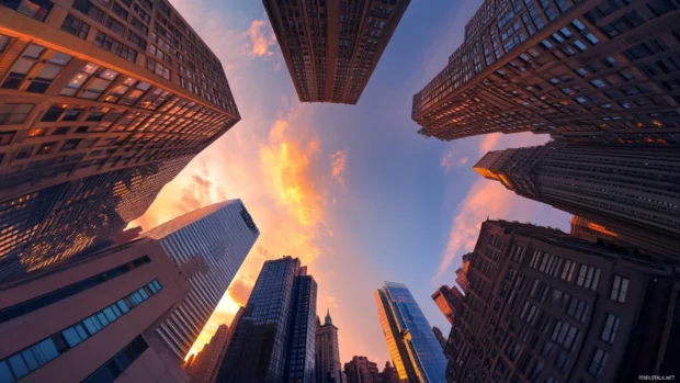 Low angle perspective of New York City streets during sunset.