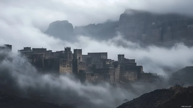 Low clouds drift over the towers of the black city.